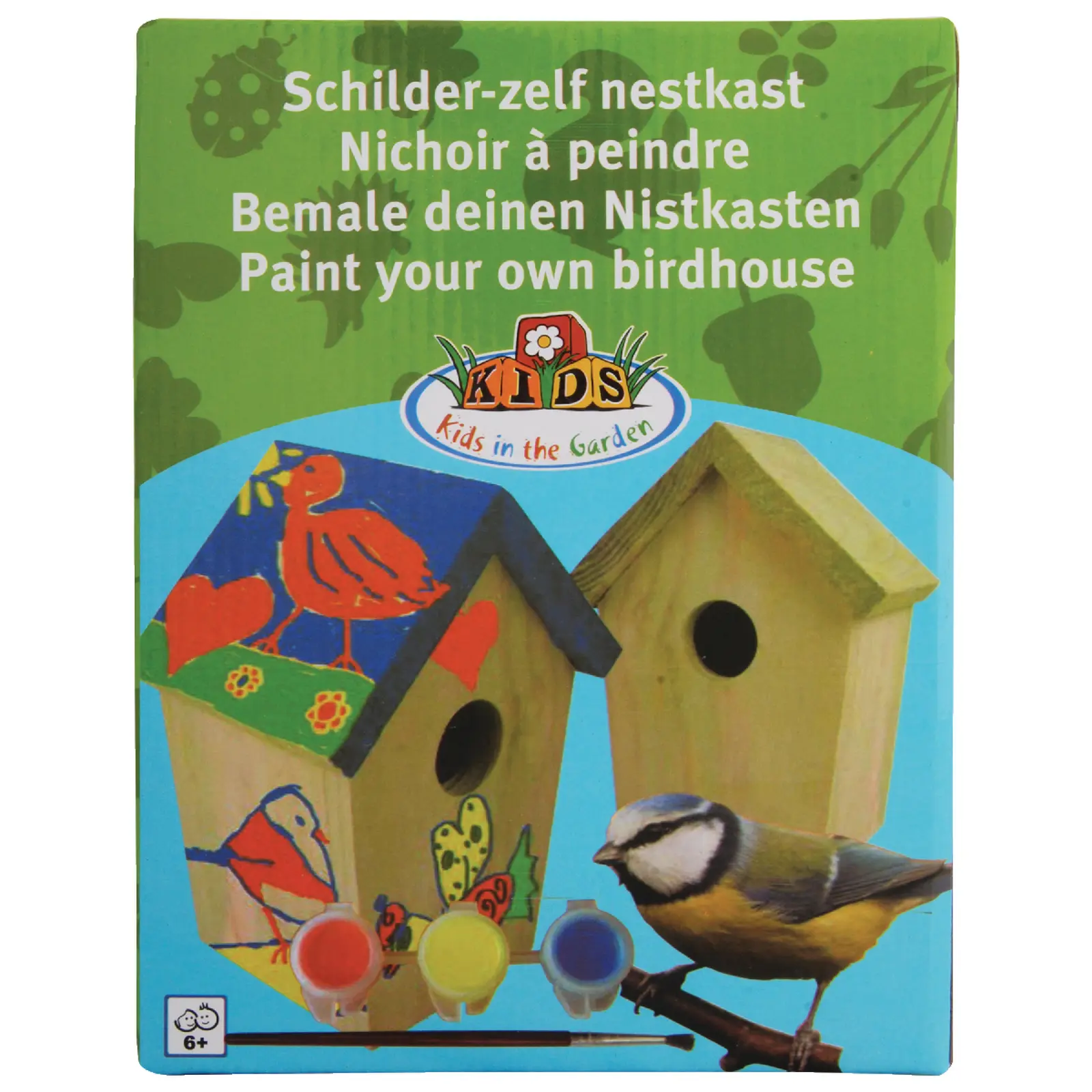 Budka pro ptáčky BEST FOR BIRDS s barvami a štětcem, 15x12x20cm, přírodní+barvy|Esschert Design