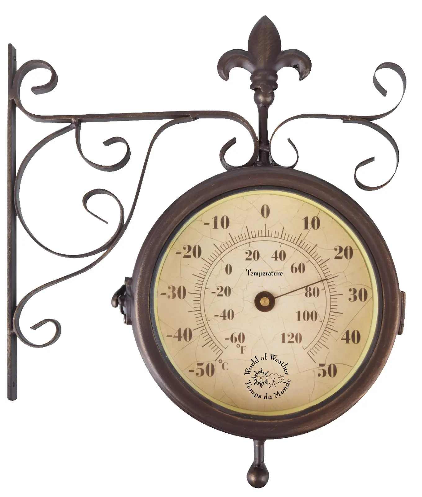 Oboustranné nádražní hodiny/teploměr WORLD OF WEATHER, 29 cm velikost hodin, průměr ciferníku 15 cm, v hnědé barvě, pro vnitřní i venkovní použití|Esschert Design