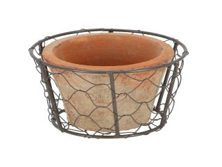 Drátěný koš s květináčem TERRACOTTA Robert & Stevens Potters, 0,3L, hnědá|přírodní|Esschert Design