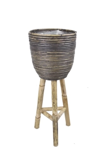 Obal na květináč STRIPE, s igelitem, dřevěné nohy, pr.25x64cm, černá vymývaná|Van Der Leeden 1915